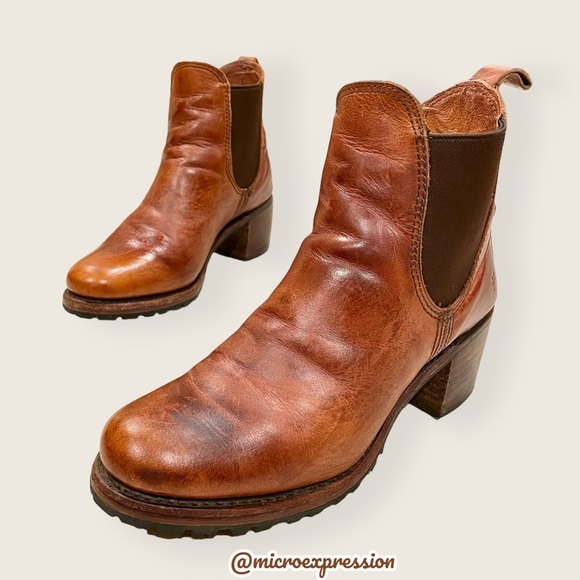 Frye Sabrina Chelsea Cognac Genuine Leather Pull On Stretch Heeled Ankle Booties - Picture 9 of 16